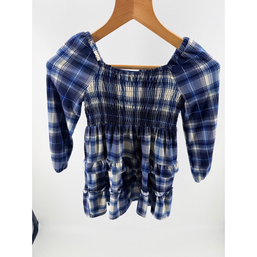 Between Girls Blue Plaid Tiered Ruffle Dress Square Neck Long Sleeve-Small